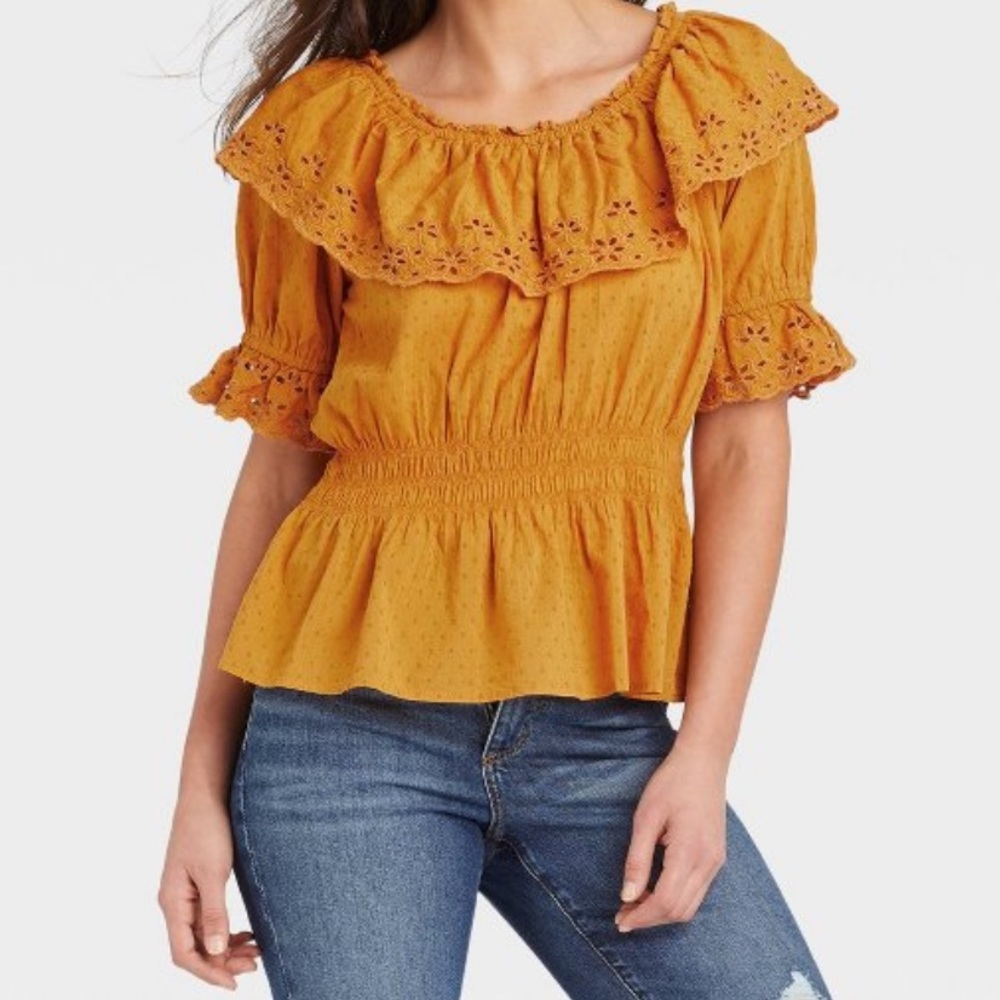 Yellow / gold off the shoulder top; was in stores summer 2022